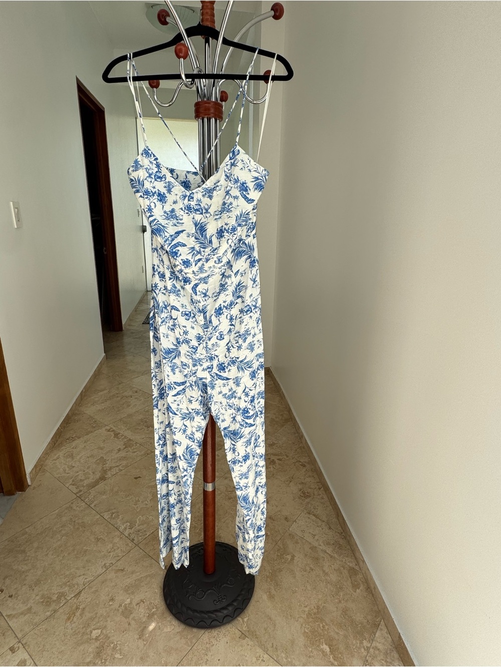 Mango White Jumpsuit with Blue Floral Print